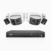 FDH600 - 6MP 8 Kanal PoE Panorama Überwachungskamera-Set mit 4 Kameras, zwei Objektiven, 180° Ultraweitwinkel, f/1.2 Superblende, BSI-Sensor, integriertes Mikrofon, aktive Sirene und Alarm, Personen-und Fahrzeugerkennung